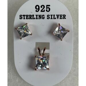 925 Sterling Silver Earrings & Pendant Set Rose‎ Gold Finish Clear CZ  Stone